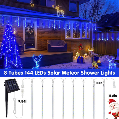 Solar Christmas Lights Outdoor, 8 Tube 144 Leds Solar Meteor Shower Lights Outdoor, Hanging Christmas Light for Gazebo Tree Icicle Garden Yard Party Patio Xmas Decor (Blue)