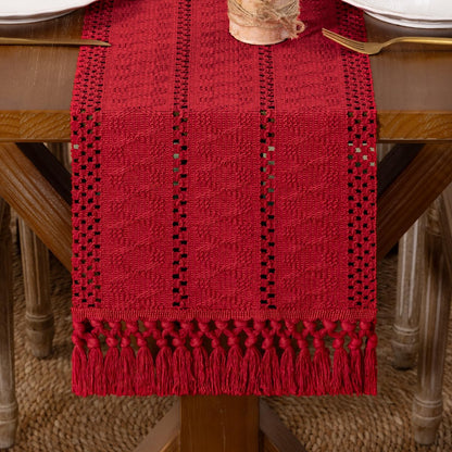 Boho Macrame Table Runner Fall Farmhouse Woven Small Table Runner with Tassels 36 Inches Red Cotton Linen Kitchen Table Centerpiece for Dining Dresser Home Tea Table Decor