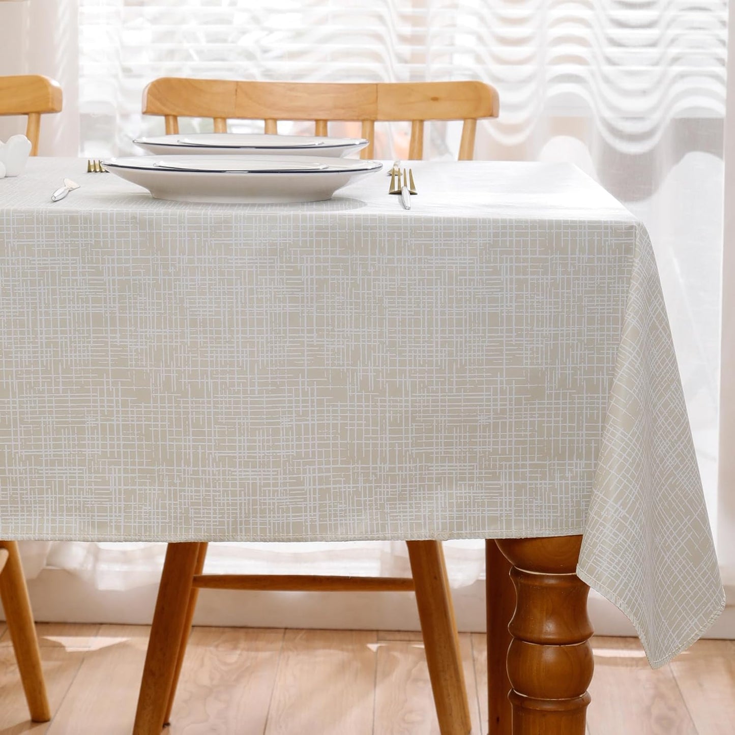Heavy Duty Vinyl Tablecloth with Flannel Backing Waterproof Oil-Proof Plastic Table Cloth Stain-Resistant Wipeable Rectangle or Square Table Cover for Indoor and Outdoor (Beige Striped,54X54 Inch)