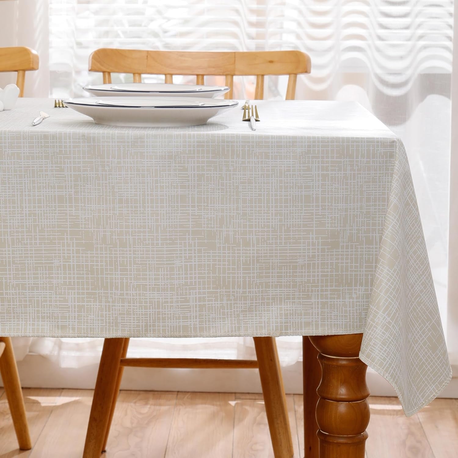 Heavy Duty Vinyl Tablecloth with Flannel Backing Waterproof Oil-Proof Plastic Table Cloth Stain-Resistant Wipeable Rectangle or Square Table Cover for Indoor and Outdoor (Beige Striped,54X54 Inch)