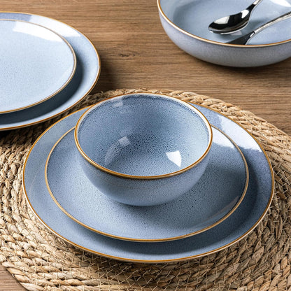 Ceramic Dinnerware Set for Four - 12-Piece Stoneware Plate and Bowl Collection with Reactive Glaze, Scratch Resistant, Dishwasher and Microwave Safe - Brunnera Blue