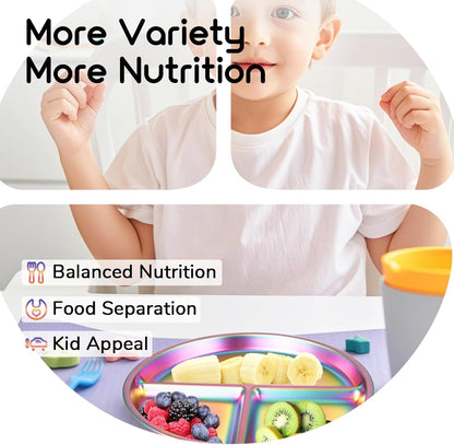 Stainless Steel Kids Plates Set of 2, 9" Portion Divided Plate for Toddler & Baby, Non Toxic Unbreakable Dinner Dishes, Metal Food Tray Camping Picnic Snack Nut Container, Bling Colorful
