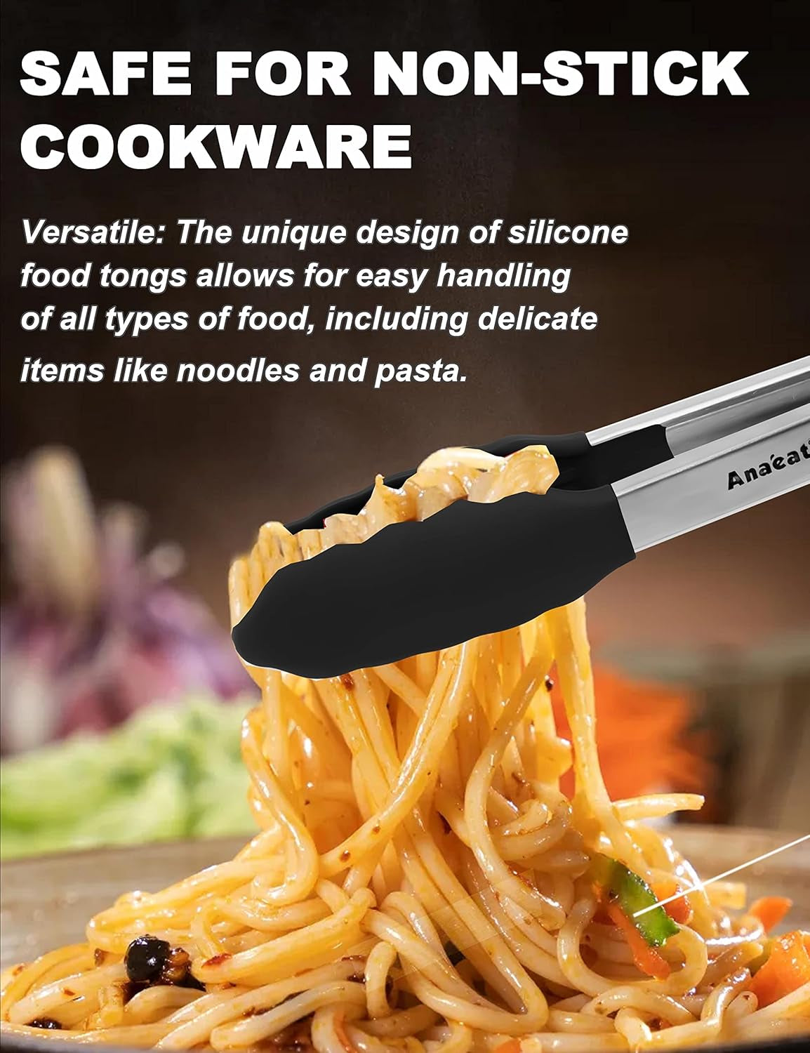 Non-Stick Silicone Locking Tong - Stainless Steel 7" Mini Kitchen Food Tongs with Non-Slip Silicone Tips and Grip for Cooking, Baking and BBQ - Heat Resistant up to 480°F (Black)