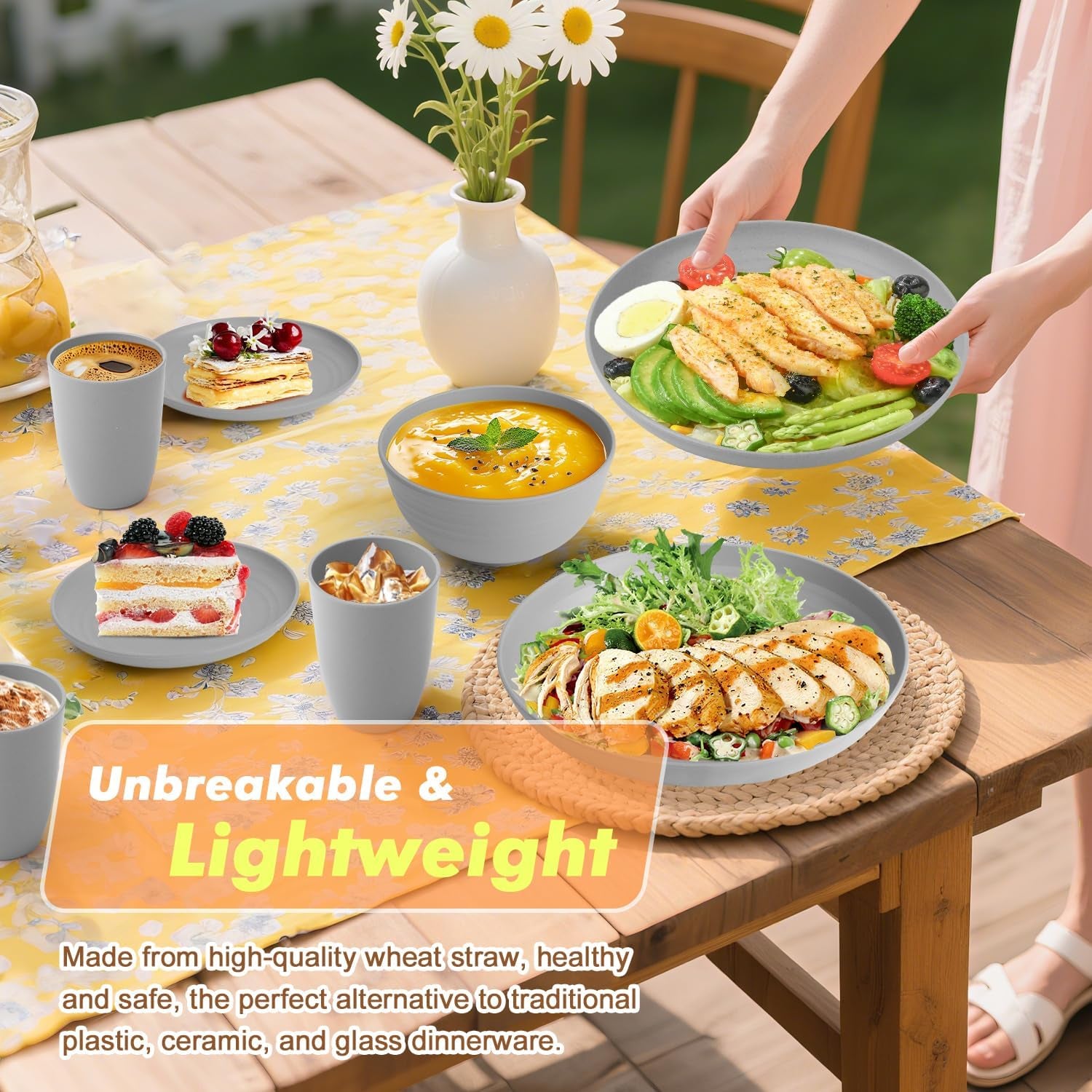 32-Piece Wheat Straw Dinnerware Set for 8 - Unbreakable Grey Plates, Bowls, and Cups, Microwave and Dishwasher Safe, Ideal for Outdoor Camping