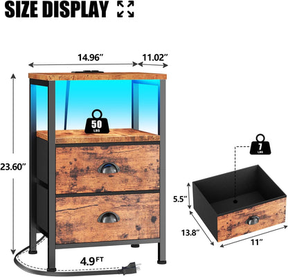 Nightstands Set of 2 Charging Station, End Tables with LED Lights, Nightstands with 2 Fabric Drawers and Shelves, Bedside Tables for Living Room/Bedroom,Rustic Brown