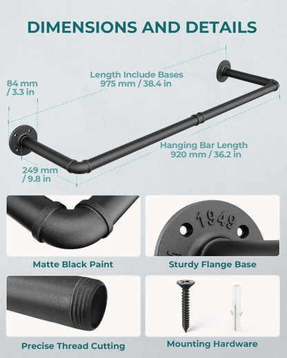 Industrial Pipe Clothes Rack Wall Mounted Set of 2, 38.4 Inches Heavy Duty Iron Pipe Clothing Garment Rail, Multi-Purpose Clothing Hanging Rod for Laundry Room and Closet Storage