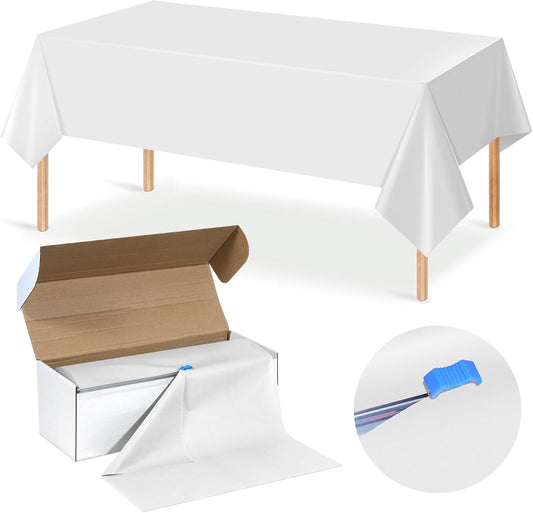 54 Inch×300 Feet White Tablecloth Roll Disposable Rectangle White Table Cloth Roll Plastic Table Covers with Slide Cutter for Birthday Weddings Baby Showers Party Decorations