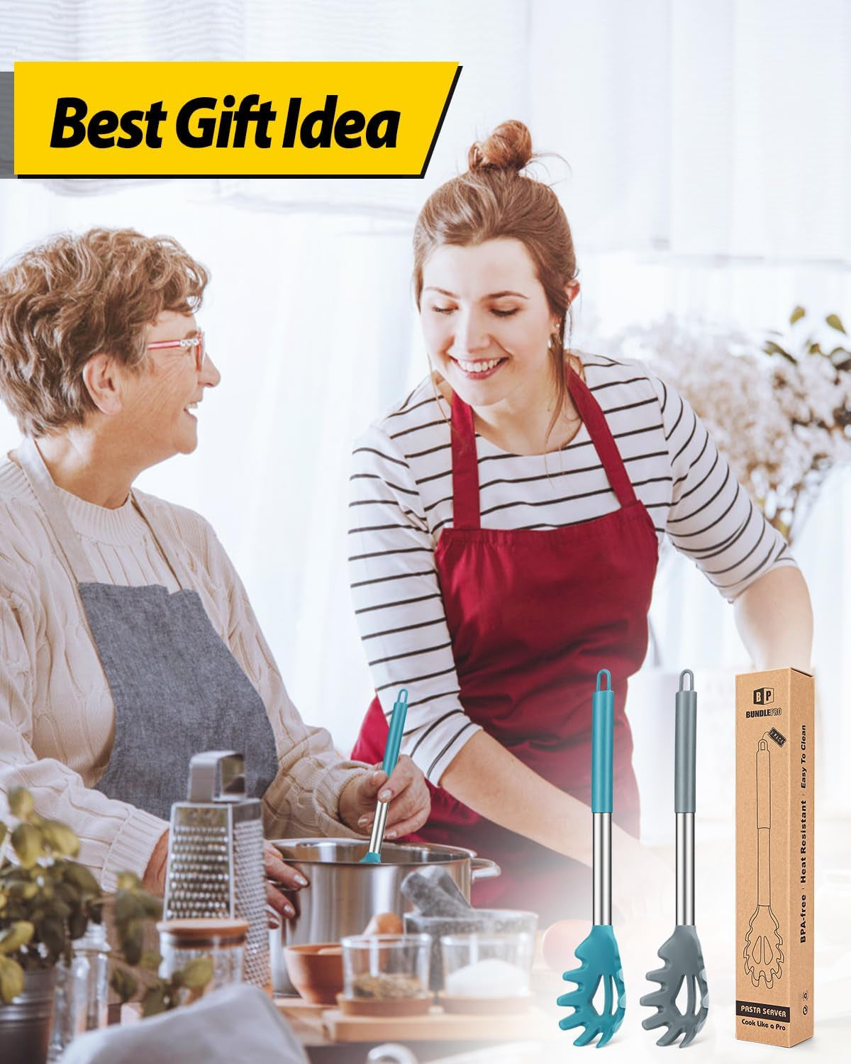 Pack of 2 Silicone Pasta Fork, Kitchen Heat Resistant Noodle Spoon Server, BPA Free Spaghetti Strainer, Best Cooking Tools (GRAY-BLUE)