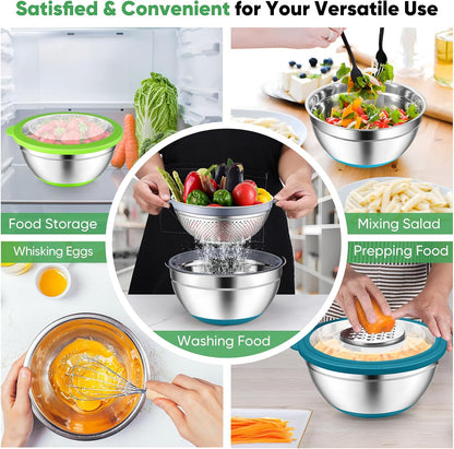 Mixing Bowls with Lids Set of 3, Stainless Steel Mixing Bowl and Colander for Kitchen, 3 Grater Attachments & Non-Slip Bottoms, Visible & Airtight Lid, Multicolor