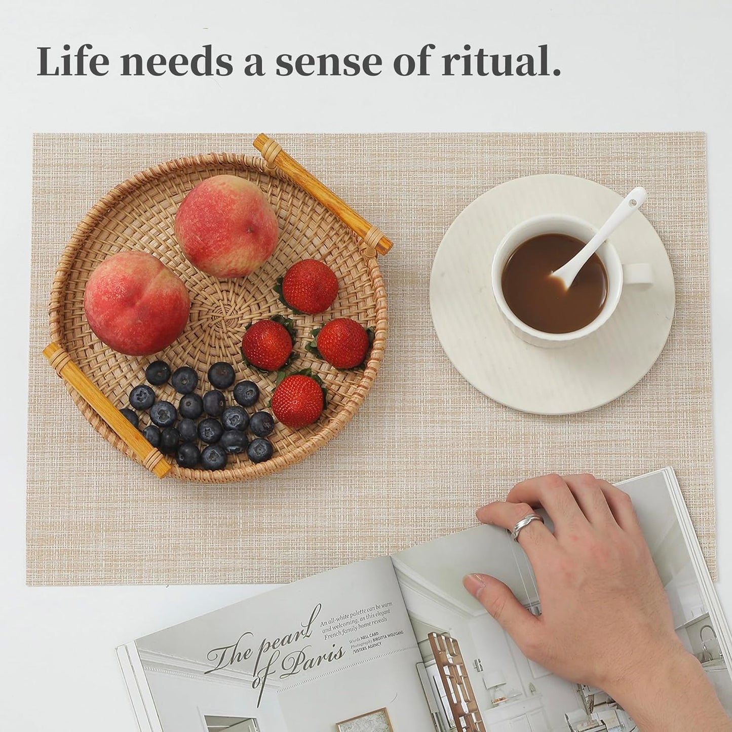 Beige Placemats Set of 4 - Heat Resistant Non-Slip Place Mats for Dining Table, Washable Durable PVC Vinyl Woven Table Mats（Beige, 4）