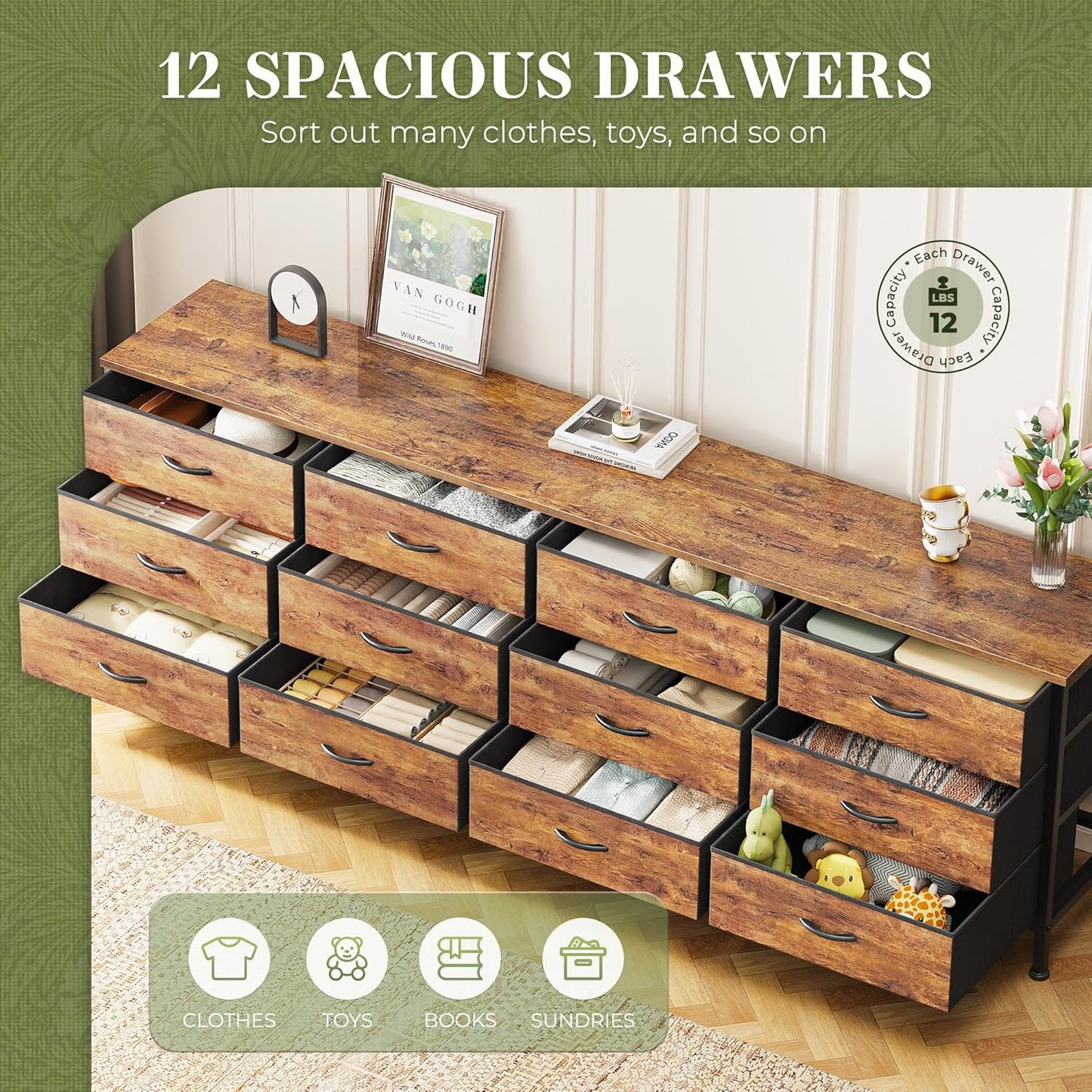 70-Inch Rustic Brown Dresser and TV Stand for 65, 75, and 80-Inch TVs, Featuring 12 Fabric Drawers and Ample Storage for Bedroom Entertainment Centers