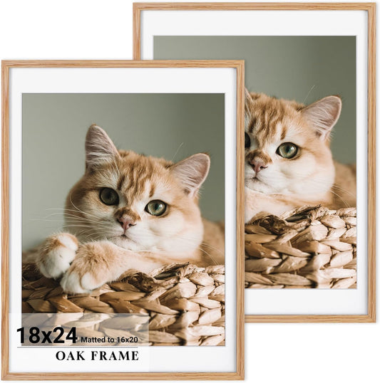 18X24 Picture Frame for Wall,Premium Solid Oak Wood Poster Frames Mat for 16X20 Picture & Tempered Glass-18X24 Frame for Wall Art Photo and Prints,Tabletop Display Family Picture-Natural Oak 2 Pack