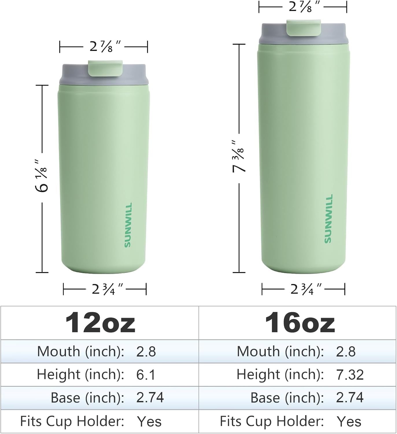 Insulated Coffee Mug with Lid, Leak Proof Tumbler Stainless Steel, 12 Oz Travel Cup for Office, Home, Powder Coated Matcha