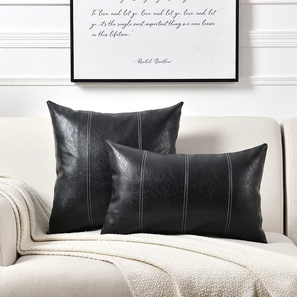 Black Lumbar Faux Leather Decorative Throw Pillow Covers 12X20 Inch for Living Room Couch Bed Sofa, Boho Farmhouse Home Decor, Hand Stitched Rectangle Cushion Case 30X50 Cm