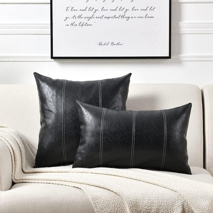 Black Lumbar Faux Leather Decorative Throw Pillow Covers 12X20 Inch for Living Room Couch Bed Sofa, Boho Farmhouse Home Decor, Hand Stitched Rectangle Cushion Case 30X50 Cm