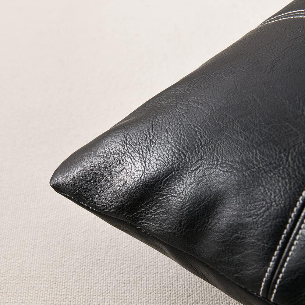 2 Packs Black Lumbar Plaid Faux Leather Decorative Throw Pillow Covers 12X20 Inch for Living Room Couch Bed Sofa, Boho Farmhouse Home Decor, Hand Stitched Rectangle Cushion Case 30X50 Cm