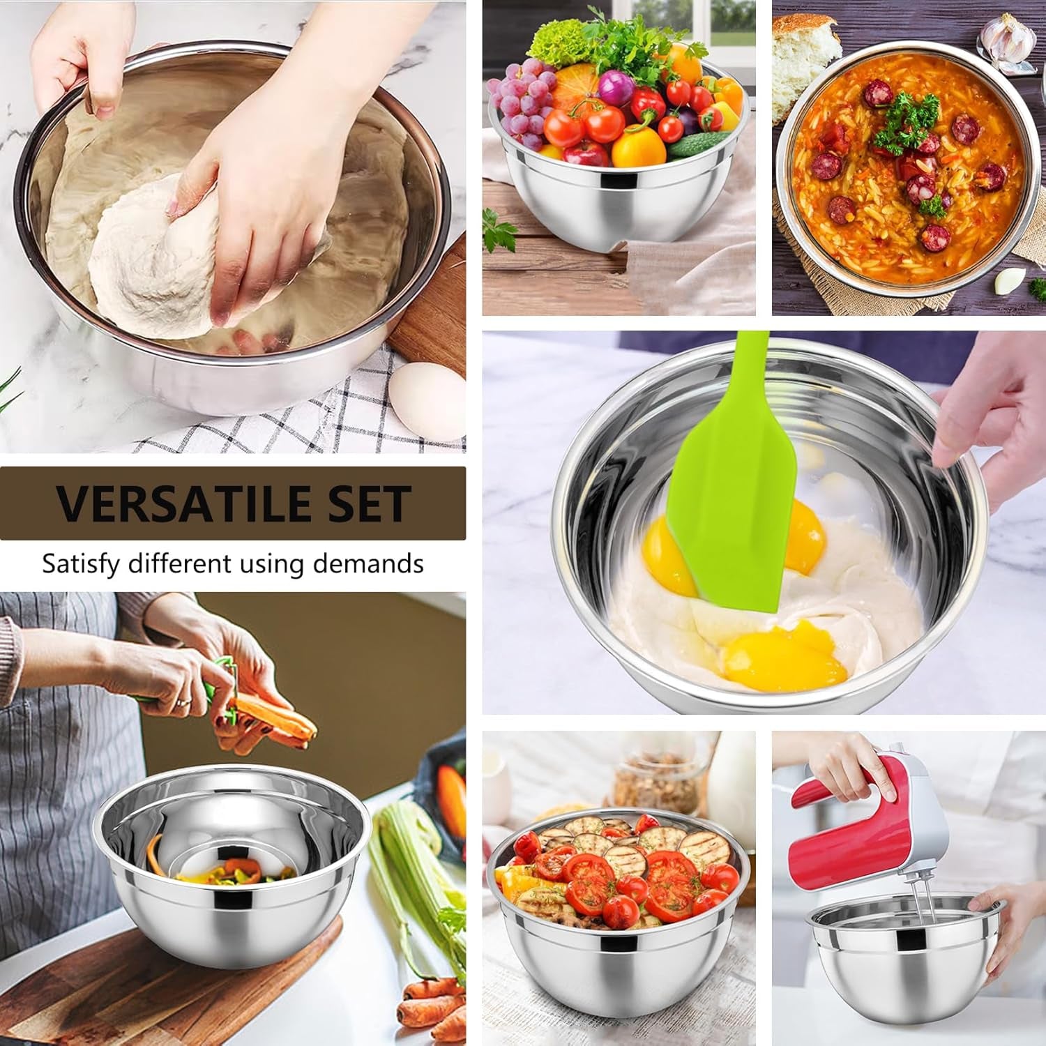 Mixing Bowl with Lid Set of 7, Stainless Steel Nesting Salad Bowls for Cooking Serving Prepping, Clear Lids & Stackable Design, Size 4.6, 3.5, 3, 2, 1.5, 1, 0.7 Qt - Khaki