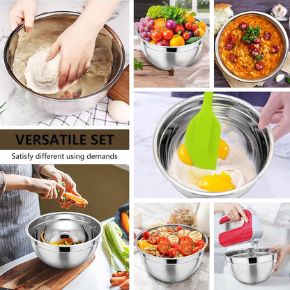 Mixing Bowl with Lid Set of 7, Stainless Steel Nesting Salad Bowls for Cooking Serving Prepping, Clear Lids & Stackable Design, Size 4.6, 3.5, 3, 2, 1.5, 1, 0.7 Qt - Khaki
