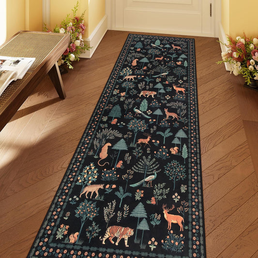 Jungle Kitchen Runner Rug, 2X10 Black Hallway Non Slip Washable Runner Rugs for Entryway, Modern Animal Carpet Non Shedding Mat for Hallway Laundry