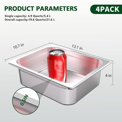 Hotel Pan 1/2 Half Size - Steam Pan with Lid 4" Deep 4 Packs Food Pan anti Jam Stainless Steel Buffet Pan Commercial Stainless Steel Pan