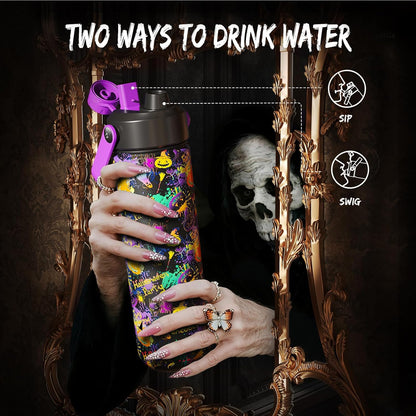 Halloween Insulated Water Bottle with Straw, Stainless Steel Water Bottle, Leak Proof Bpa-Free, Keeps Cold for 24 Hours for Sports, Skull Spooky Holiday Gifts (26 Oz, Ghost Party)