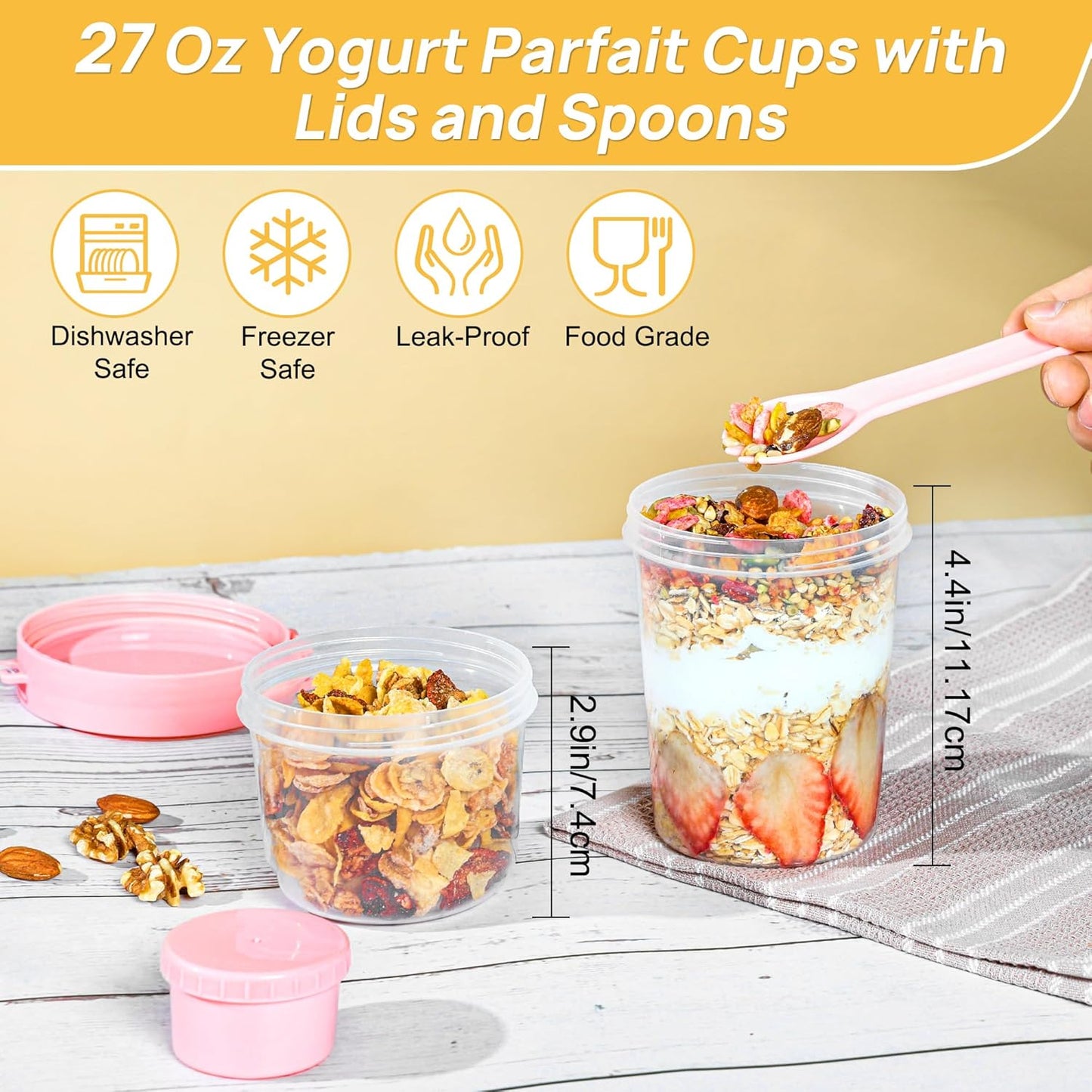 4 Pack 27Oz Yogurt Parfait Cups with Lids and Spoons, Overnight Oats Containers, Reusable Topping Compartment for Breakfast with Yogurt, Cereal or Oatmeal On-The-Go