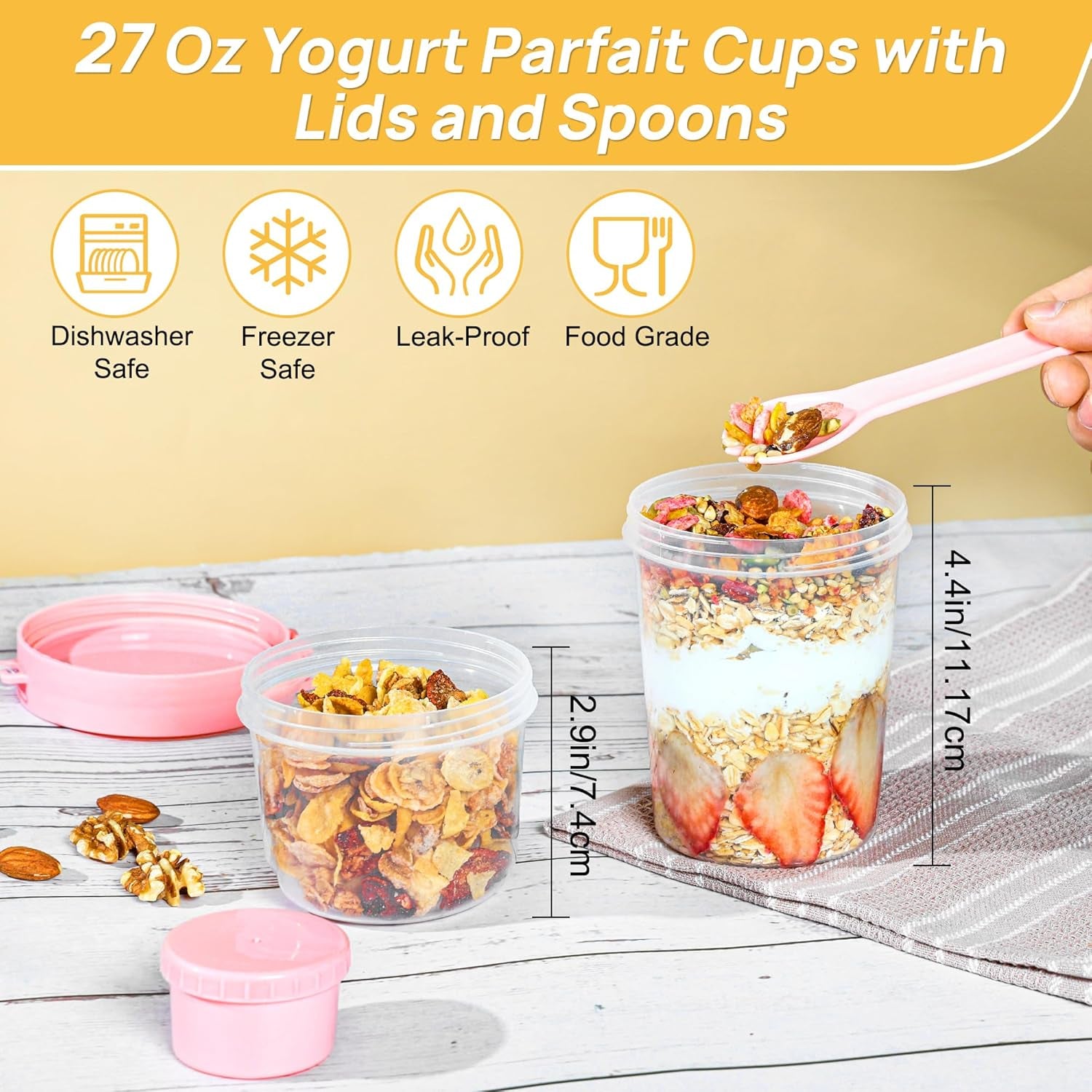 4 Pack 27Oz Yogurt Parfait Cups with Lids and Spoons, Overnight Oats Containers, Reusable Topping Compartment for Breakfast with Yogurt, Cereal or Oatmeal On-The-Go