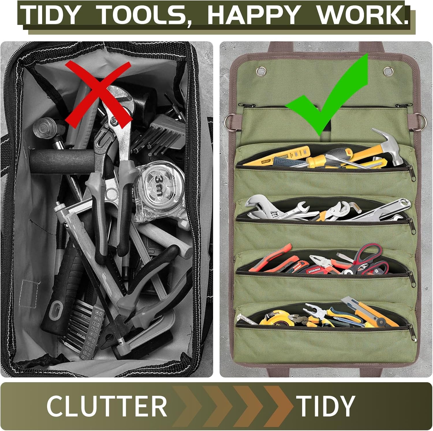 Roll up Tool Bag - Heavy Duty Green Motorcycle Tool Roll, Portable Tool Box Organizer Storage for Mechanics, Electricians, Diyers, Ideal Kit for Men, Father, Birthdays, Holidays