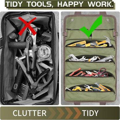 Roll up Tool Bag - Heavy Duty Green Motorcycle Tool Roll, Portable Tool Box Organizer Storage for Mechanics, Electricians, Diyers, Ideal Kit for Men, Father, Birthdays, Holidays