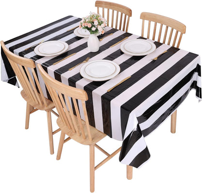 3 Packs Black and White Horizontal Striped Table Cloth 54 X 108 Inch Classic Black Stripe Tablecloths Disposable Plastic Stripe Table Covers Waterproof Picnic Tablecover for Halloween Party