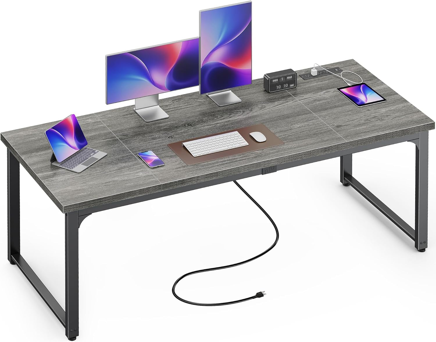 63 x 24 Inch Heavy-Duty Computer Desk with Power Outlets & USB-C, Enhanced Desktop Thickness, Sturdy Metal Frame, Ideal for Home Office and Gaming, Grey Finish