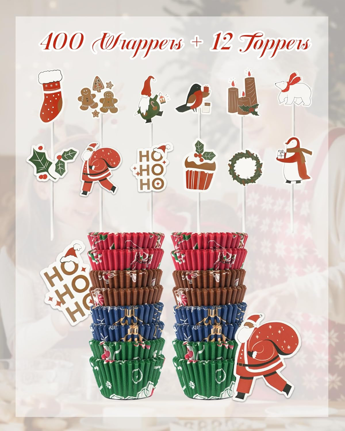 Christmas Mini Cupcake Liners with 12 Pcs Cupcake Toppers, 400 Pcs Muffin Liners, Cupcake Wrappers, Mini Cupcake Liners for Xmas Party, Christmas Holiday