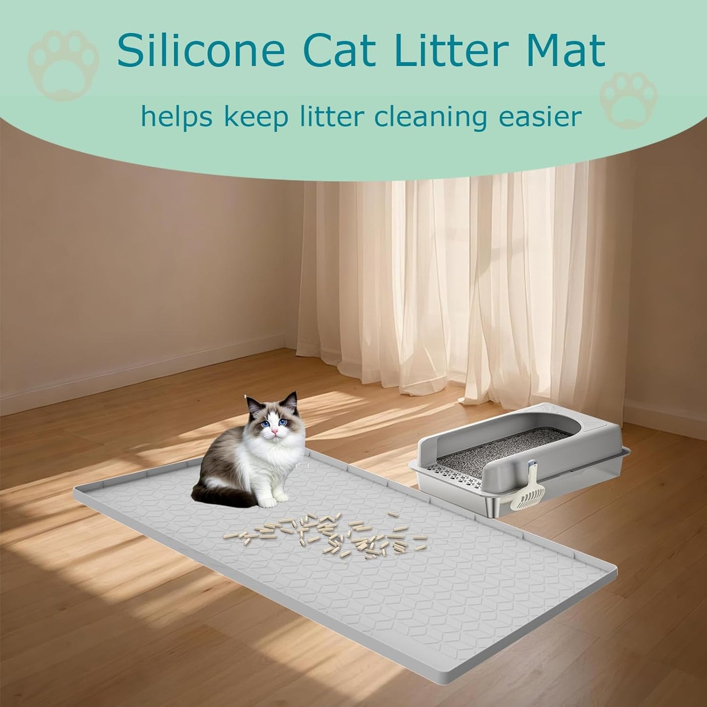 Cat Litter Mat for Litter Box, Silicone Large Cat Litter Trapping Mat - 34X22 In, Waterproof & Non-Slip, Durable & Easy Clean, Light Gray