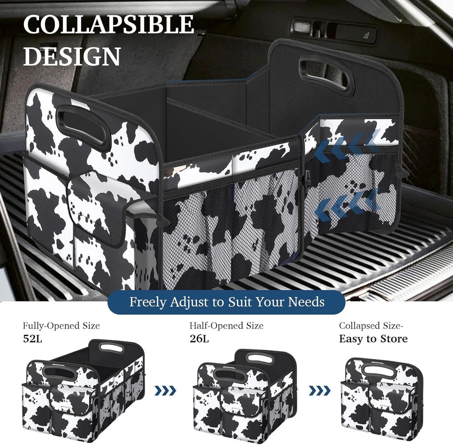 Car Trunk Organizer, Cow Print, Vintage Style, 52L Capacity, 4 Compartments, Waterproof, Non-Slip, Collapsible, 22.5"D X 18"W X 10.8"H
