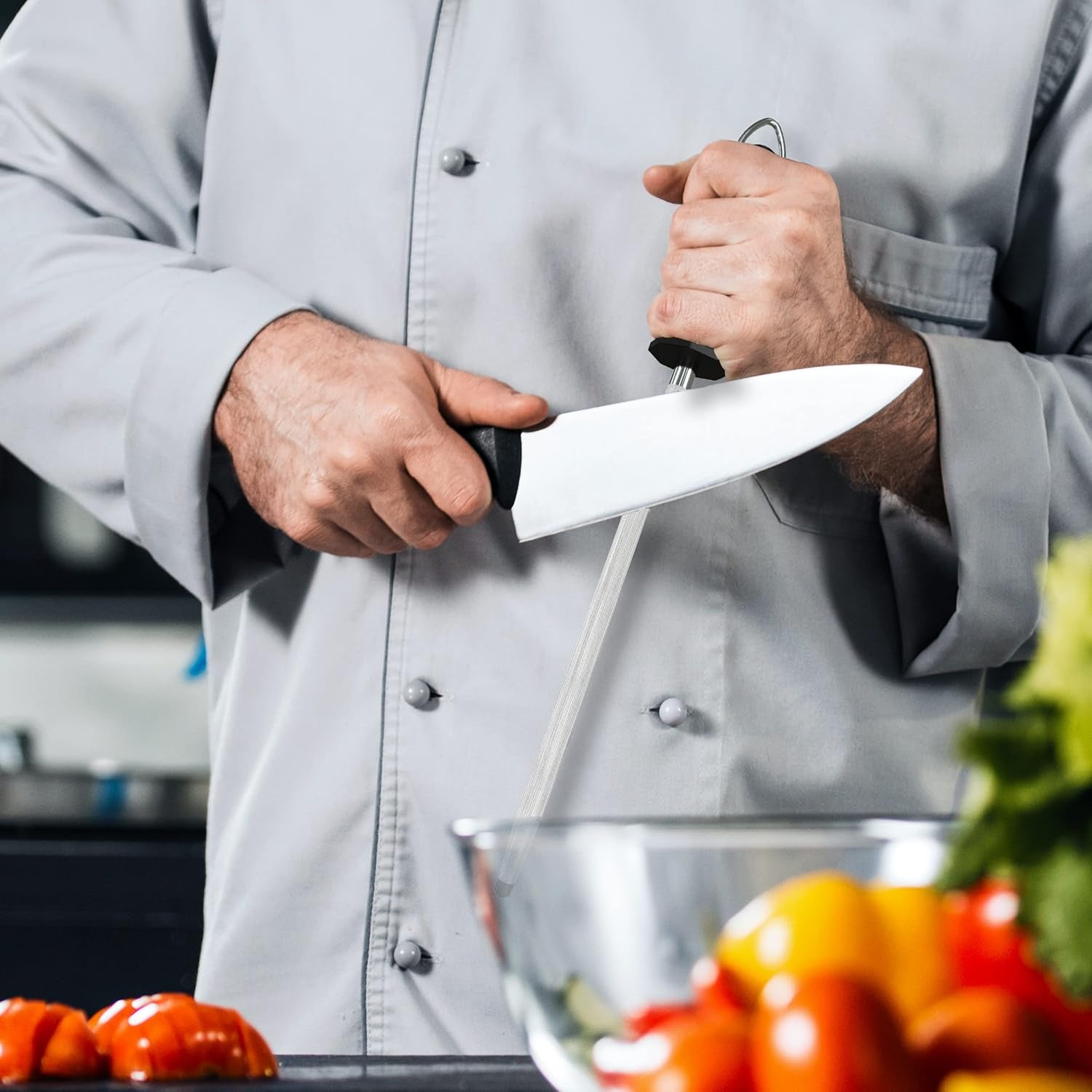 Knife Sharpener Rod 12 Inch, Professional Honing Rod for Knife Sharpening with Hanging Hook, Black