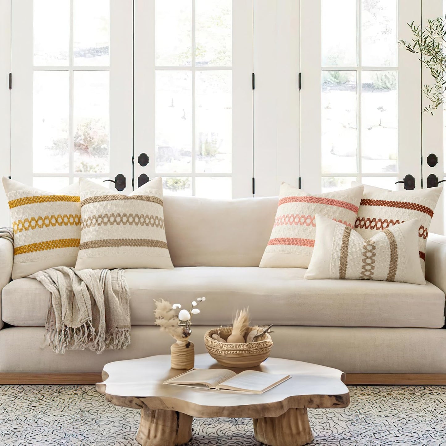 Set of 2 Neutral Boho Decorative Lumbar Pillow Covers 12X20 Inch Farmhouse Rustic Couch Throw Pillows Modern Cotton Cushion Covers Retro Cute Macrame Woven Home Decor for Bed Sofa Chair