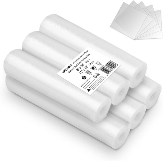8" X 20' and 11" X 20' Vacuum Sealer Roll, 6 Pack-Ideal for Food Storage, Sous Vide, and Meal Prep, Keep Food Fresh and Nutrients,  Lite