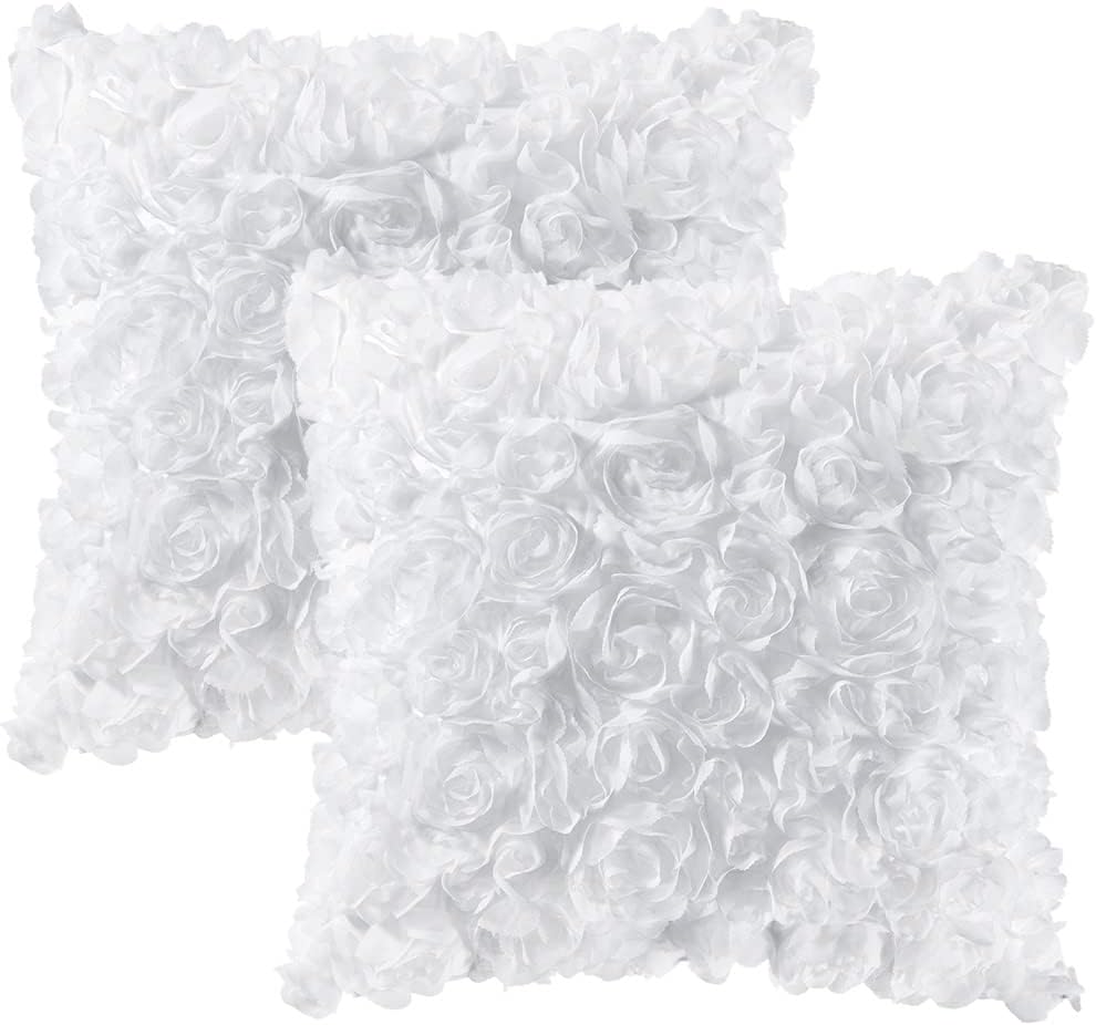 Pack of 2 3D Decorative Spring Romantic Stereo Chiffon Rose Flower Pillow Covers Solid Square Pillowcases for Valentines Day Decoration Sofa Bedroom Car 16X16 Inch 40X40Cm White Wedding