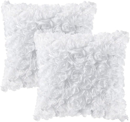 Pack of 2 3D Decorative Spring Romantic Stereo Chiffon Rose Flower Pillow Covers Solid Square Pillowcases for Valentines Day Decoration Sofa Bedroom Car 16X16 Inch 40X40Cm White Wedding