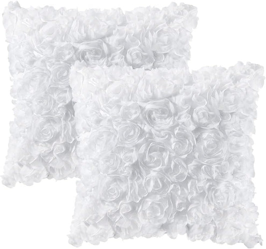 Pack of 2 3D Decorative Spring Romantic Stereo Chiffon Rose Flower Pillow Covers Solid Square Pillowcases for Valentines Day Decoration Sofa Bedroom Car 16X16 Inch 40X40Cm White Wedding