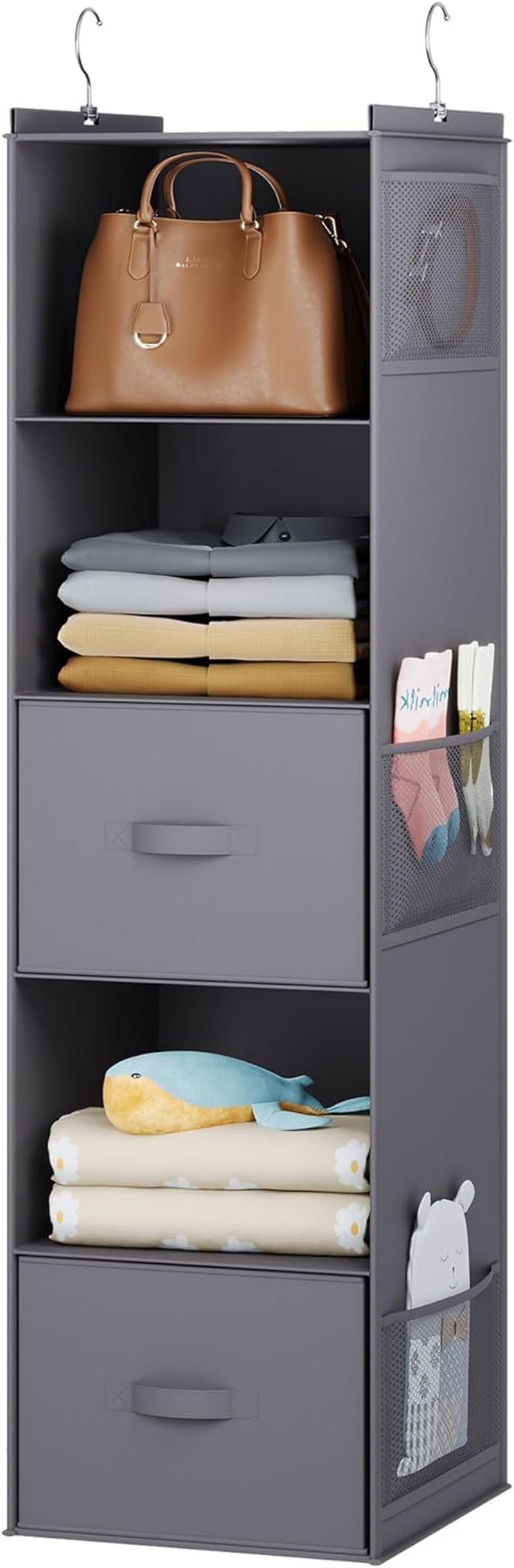 Hanging Closet Organizer, 5 Tier Hanging Closet Shelves with Drawers and 6 Side Pockets, Grey