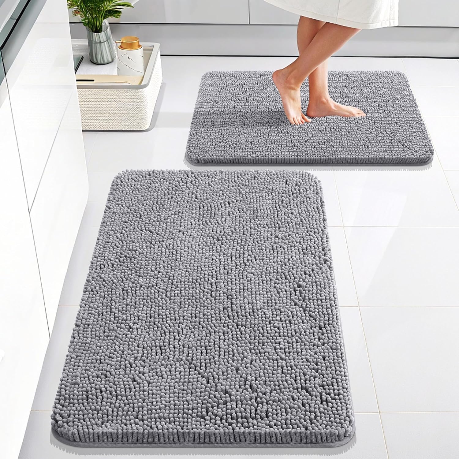 Bathroom Rugs Sets 2 Piece, Soft Absorbent Chenille Bath Mats Area Rug Set, Non-Slip, Quick Dry, Machine Washable Bath Mats for Bathroom, Home Decor Accessories (30"X20"+24"X16", Grey)