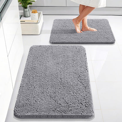 Bathroom Rugs Sets 2 Piece, Soft Absorbent Chenille Bath Mats Area Rug Set, Non-Slip, Quick Dry, Machine Washable Bath Mats for Bathroom, Home Decor Accessories (30"X20"+24"X16", Grey)