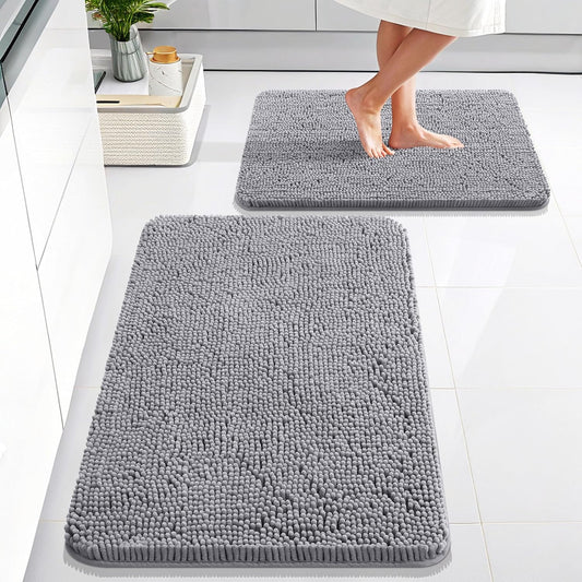 Bathroom Rugs Sets 2 Piece, Soft Absorbent Chenille Bath Mats Area Rug Set, Non-Slip, Quick Dry, Machine Washable Bath Mats for Bathroom, Home Decor Accessories (30"X20"+24"X16", Grey)