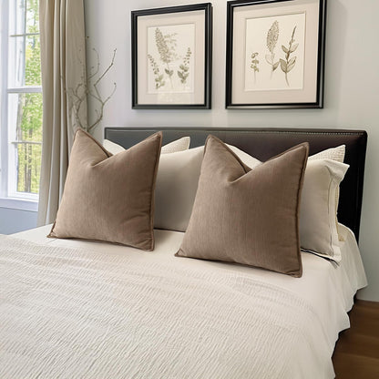 Set of 2 Coco Brown Chenille Decorative Pillow Covers 20x20 Inches - Luxurious Farmhouse Cushion Covers for Sofa, Bedroom, and Living Room Home Decor