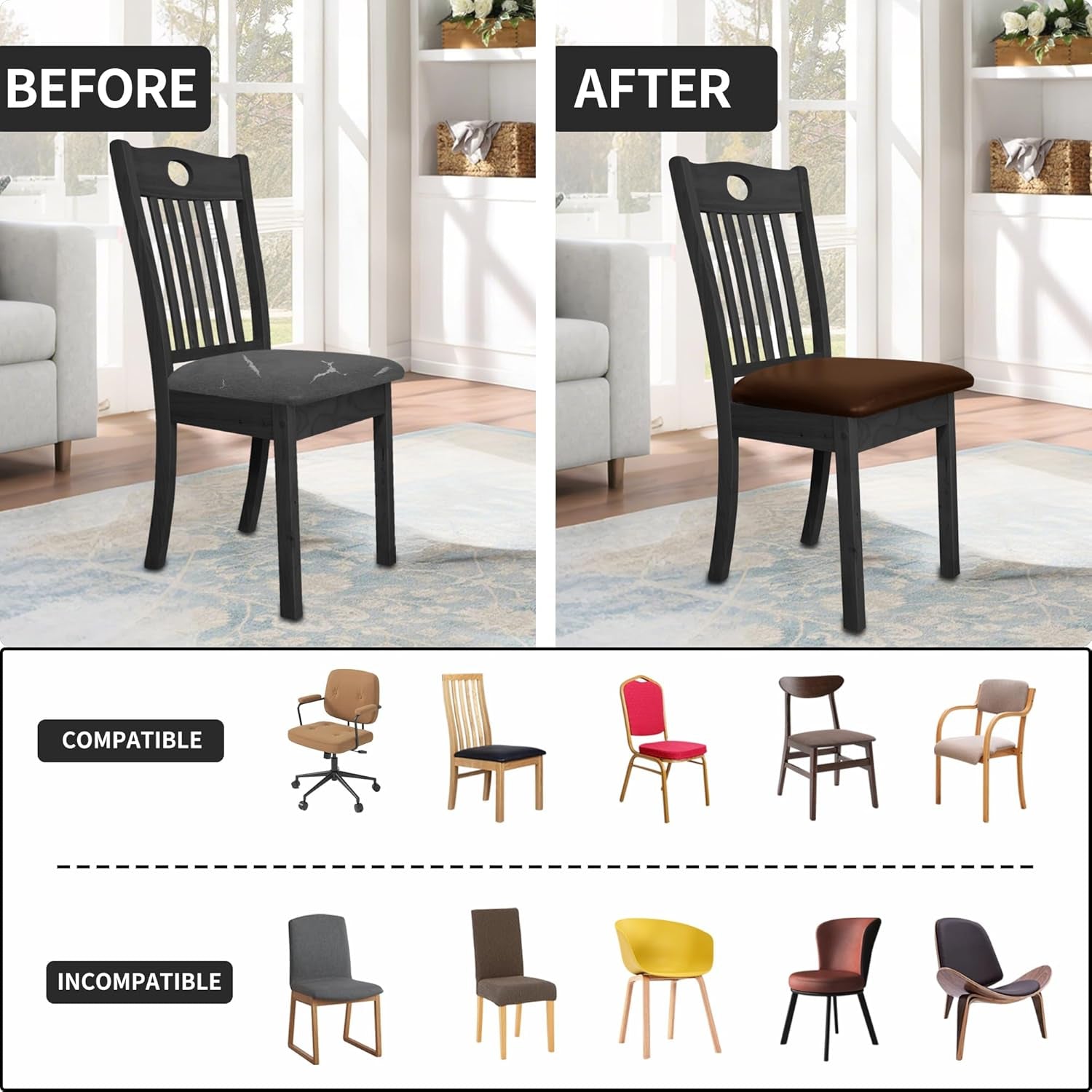 Waterproof PU Leather Seat Covers for Dining Room Chairs Set of 4, Stretch Fit Removable Chair Seat Protector Slipcovers with Elastic Band, Coffee
