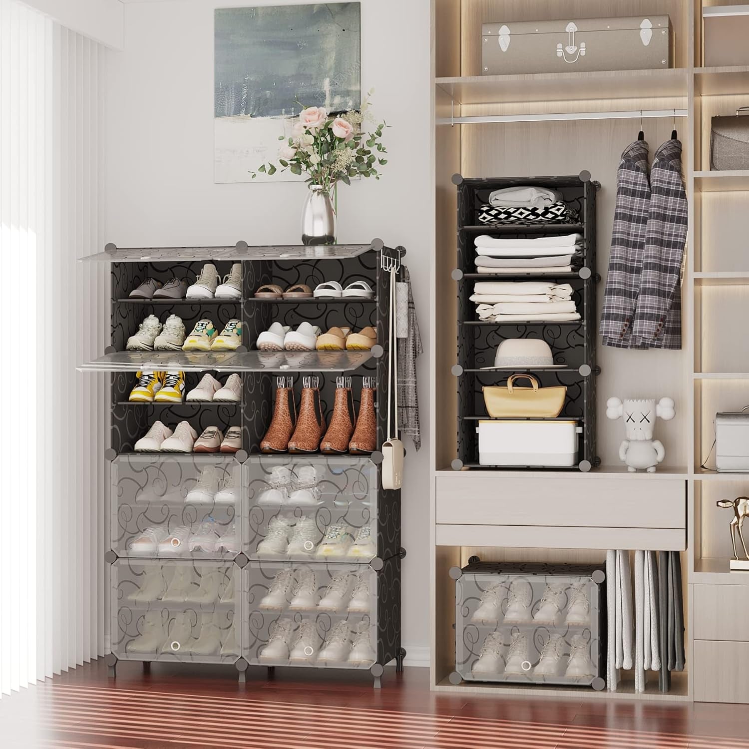 Shoe Rack, 8 Tier Shoe Storage Cabinet with Door, 32 Pair Shoe Organizer Shelves for Closet Hallway Bedroom Entryway, Black