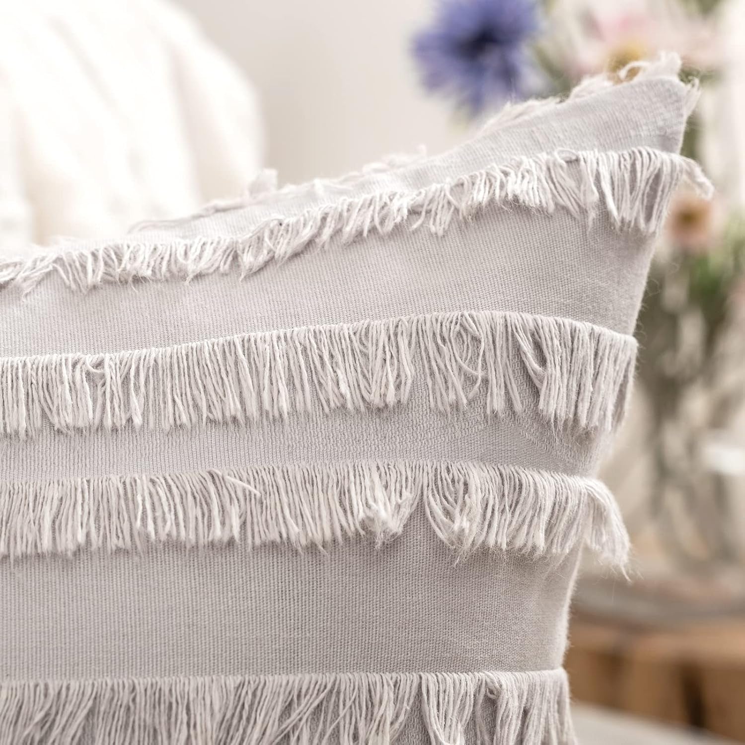 Set of 2 Decorative Boho Throw Pillow Covers Linen Striped Jacquard Pattern Cushion Covers for Decor Sofa Couch Living Room Bedroom 16X16 Inch Greyish White