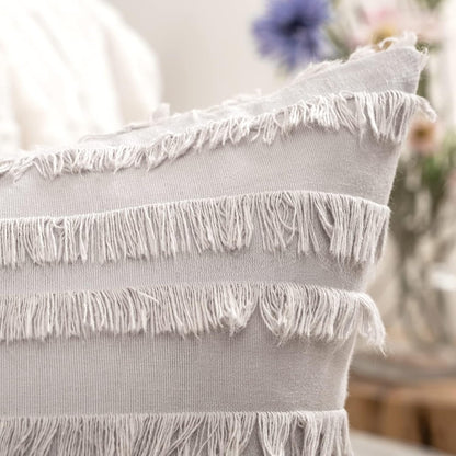 Set of 2 Decorative Boho Throw Pillow Covers Linen Striped Jacquard Pattern Cushion Covers for Decor Sofa Couch Living Room Bedroom 16X16 Inch Greyish White