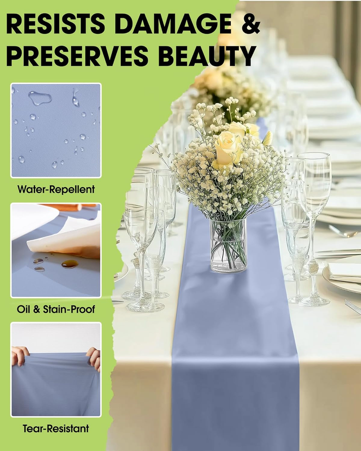 Dusty Blue Plastic Table Runners - 12 Pack, 14'' X 108'', Water Resistant & Disposable Centerpiece Decorations for Table Cloth, Wedding, Birthday, Holiday, Baby Shower, Party, Home Decor